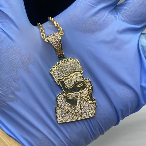 Bart Simpson | 14k Gold | High End CZ Pendant w 22’ Gold Rope Chain - Picture 4 of 6